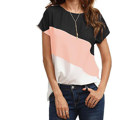 

Fashion Women Round Collar Summer Color Matching Loose Short Sleeve Casual Simple Wild T-Shirt