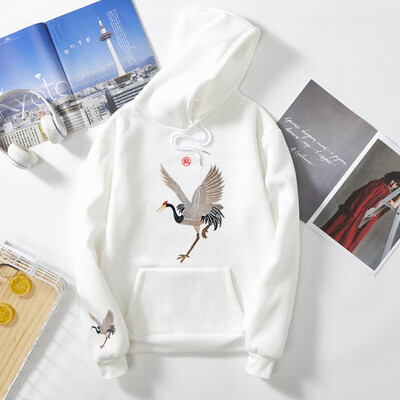 

Autumn Women Sweatshirt Winter New Embroidered Crane Thick Hoodies Harajuku Long Sleeve Hooded Pullovers New Tops