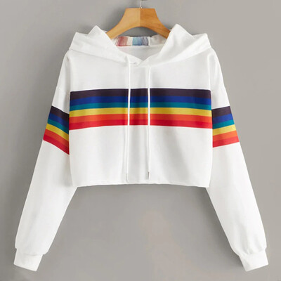 

Tailored Women Rainbow Striped Print Drawstring Hoodie Sweatshirt Casual Blouse Tops