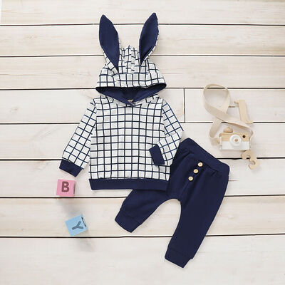

Autumn Infant Baby Boy Girl Clothes Ears Plaids Hoodie TopsLong Pants Outfit