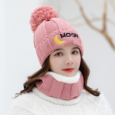

Autumnwinter hat neck two-piece set of ladies plus velvet warm hair ball hat sweet cute knitted sleeve head ear guard hat