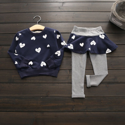 

2017 Baby Girls clothes Sets Spring Kids Girls Heart Printed Long Sleeve T-shirt TopsSkirtpants Children 2 Pcs Clothing Set