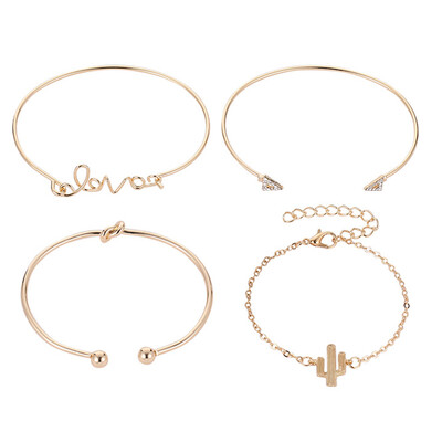 

4PCSSet Women Letter Cactus Knot Triangle Cuff Bracelets Boho Jewelry