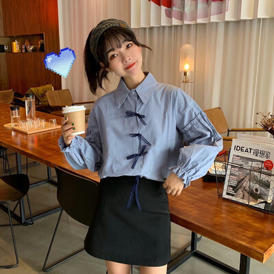 

Autumn Korean Style Loose Shirt Bow Ribbon Long Sleeve Turn-down Collar White Blue Retro Loose Ladies Blouses