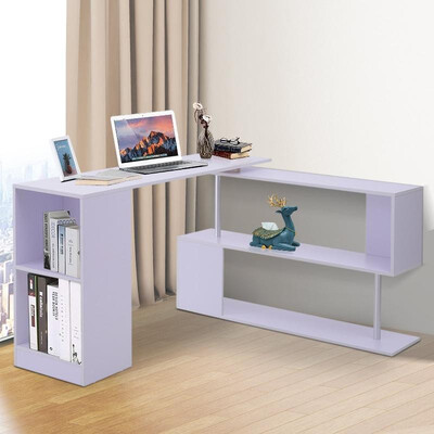 

Modern L Shaped Rotating Computer Desk with Shelves - White