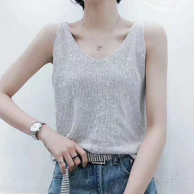 

Sleeveless Tank Tops Sexy Women V-Neck Knitted Camisole Club Spaghetti Metal Strap Camis Thin Shiny Glitter