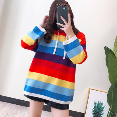 

Rainbow Stripe Hooded Sweater Korean Sweet Knitted Pullover Autumn Knitwear Kawaii Long Sleeve Jumpers Pull Femme