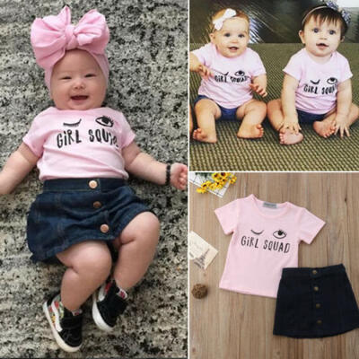 

Summer Newborn Kids Baby Girls Cotton Tops T-shirt Denim Skirts Dress Outfits