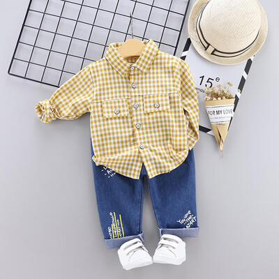 

2019 New Autumn Children Baby Boys Casual Set Long Sleeve Plaid Print Blouse TopsDenim Pants Trouser Set