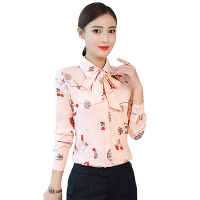 

Long Sleeve Female Shirt Autumn Fashion Slim Lace-up Bow Collar Blouse Wild Professional Pink Print Women Tops