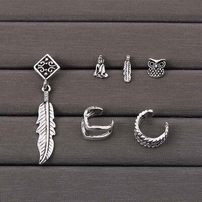 

Fashionable 6 pcsset Bohemia Silver Color Jewelry Ear Clip Stud Earring Geometric Feather Leaf Owl Earrings For Women Gifts