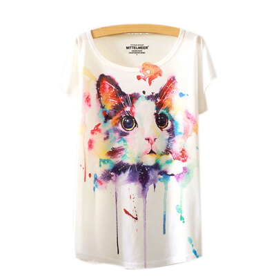 

Women Short Sleeve Round Neck loose Shirt Stamping Cat Bat Casual Blouse