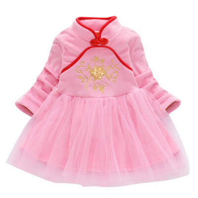 

6 Colors Autumn Kids Dresses For Girls Chinese Traditional Dress 1Y-7Y Mesh Stitching Embroidery Swan Collar Princess Dress Prom