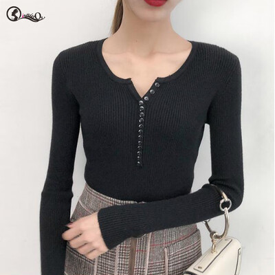 

Autumn Women Sweater 2019 NEW New Solid Ladies Sweater Sexy Button Slim V-neck Long-sleeved Knit Pullovers