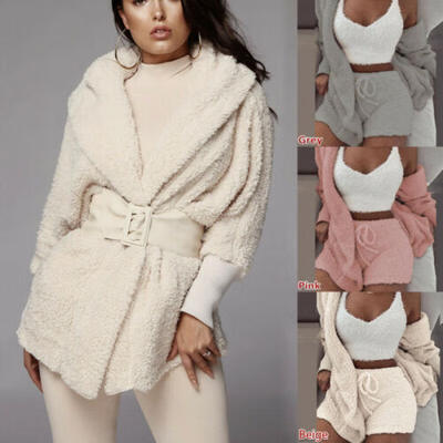 

UK Womens Autumn Winter Warm Pajamas Set CoatShorts Hooded Nightwear Cardigan