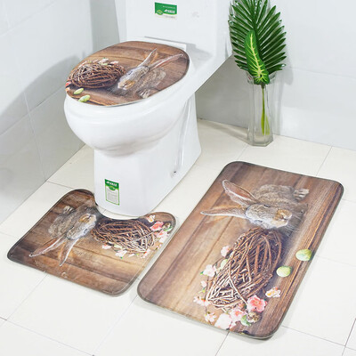 

Toponeto 3Pcs Bathroom Non-Slip Cartoon Rabbit Egg Pedestal Rug Lid Toilet Cover Bath Mat