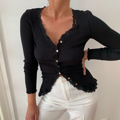 

Tailored Women Fashion Solid V-neck Button Slim Lace Long Sleeve Tops Blouse