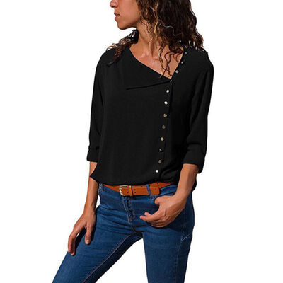 

Streetwear Style Full Sleeves Asymmetrical Collar Button Solid T-shirts For Women Casual Irregular Collar Tops Female Least