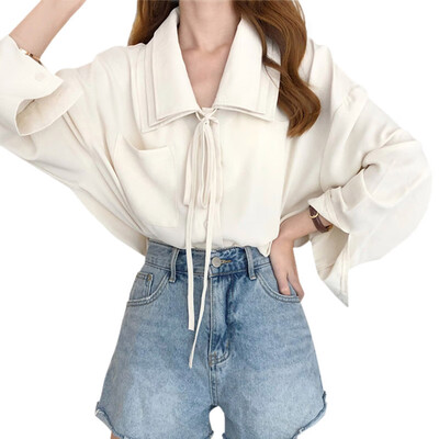 

Autumn Solid Color Basic Shirts Blouses Loose Casual Long-sleeved Blouse Korean Style Lace-up Womens Shirt