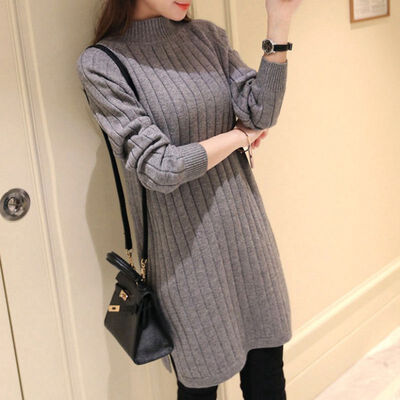 

Autumn Winter Women Mid-long Sweater Ladies Pullover Sweater Solid Color Base Knit Split Dress