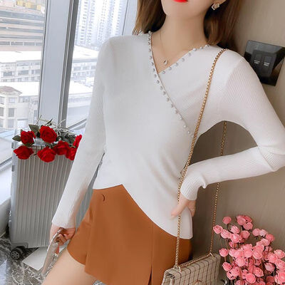 

Sexy Cross V Neck Women Sweater New Slim Autumn Sweater Beaded Pullover Solid Color Loose Long-sleeved Knit Sweater