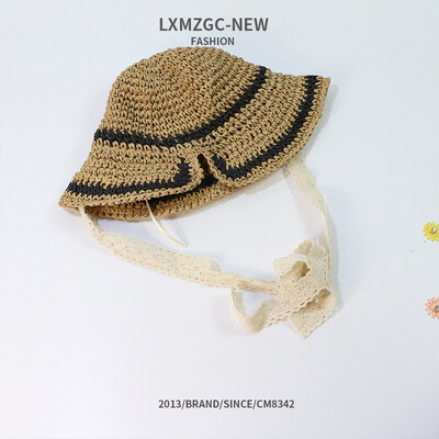

Spring&summer new hand cut out straw hat parents&children lace color matching straw hat