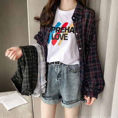 

2019 COCKCON fashion womens retro loose plaid printed loose lapel shirt retro long-sleeved casual top