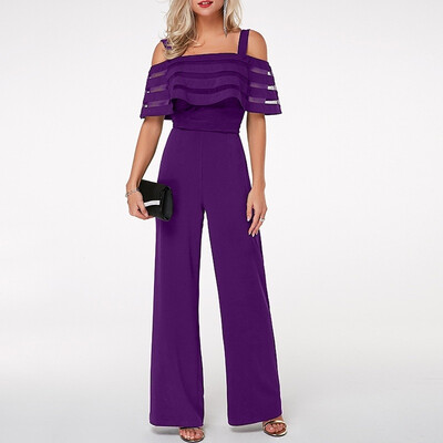 

Womens High Waist Strappy Cold Shoulder Solid Color Overlay Embellished Wide Leg Jumpsuit Rompers