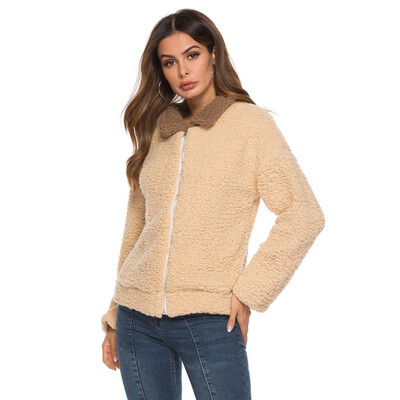 

Lambswool Coat Turndown Collar Long Sleeve with Zipper for Women