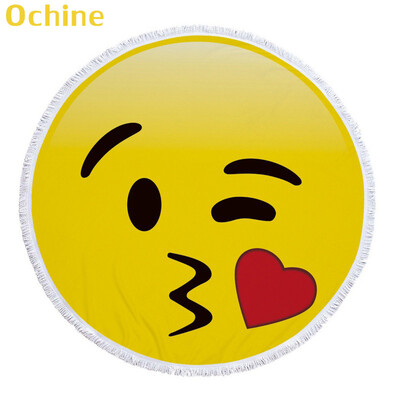 

OCHINE 150cm Summer Swimming Bath Towel Expression Emoji Round Microfiber Fringed Beach Towel Mat Carpet Blanket Shooting Props
