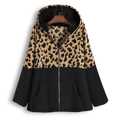 

Toponeto Women Zipper Leopard Patchwork Coat Pocket Fleece Hooded Pullover Top Sweater