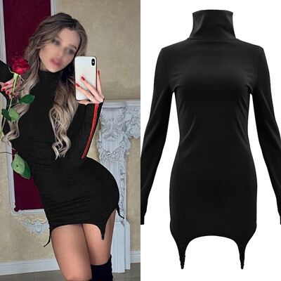 

Sexy Womens High Collar Fluorescent long Sleeve Dress Knitted Fabric Skinny Bag Hip High Waist Party Dress
