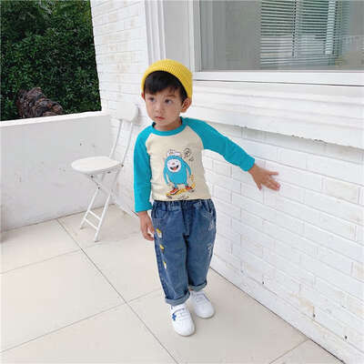 

New Autumn Clothes Kids Cute Stitching Cartoon Print Outwears Boys Girls Round Collar Long Sleeved Cotton T-Shirt Clothing 2-8Y