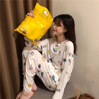 

Women Lovely Sweet Autumn Cute Cartoon Print Long Sleeved Pajama Set Cotton Top Long Pants Sleepwear