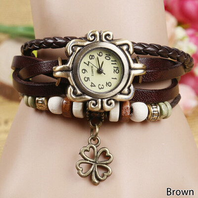 

Women Fashion Boho-Chic Handmade Weave Faux Leather Bracelet Watch Clover Gift
