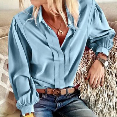 

Women Blouse Autumn Satin Blouse Blue Tops V Neck Elegant Fashion 2019 Long Sleeve Blouses Office Lady Femme Clothes