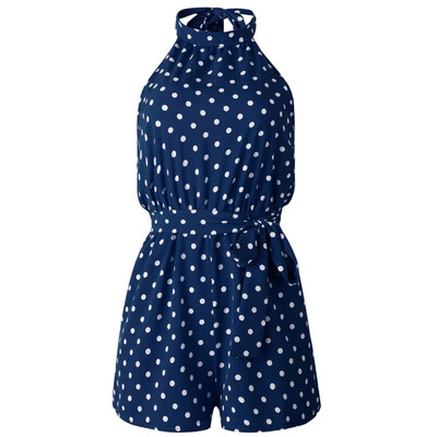 

Women Polka Dot Belted Jumpsuit Playsuits Elegant Halter Backless Jumpsuit Rompers Summer Sleeveless Pocket Playsuits