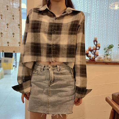 

Vintage Plaid Print Shirt Feminine Elegant Retro Short Loose Single Breasted Long Sleeve Comfort