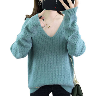 

Autumn Winter Korean Style Loose V-neck Sweater Women Fashion Trend Solid Color Sweet Knit Pullover