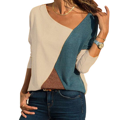 

Womens Stitching Contrast Color T-shirt Round Neck Long-sleeved Hot Sale Casual New T-shirt