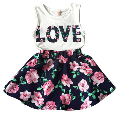 

2pcs Summer Baby Girls Clothing Set Love Print VestFloral Skirt Fashion casual kids suit 1-6 Years