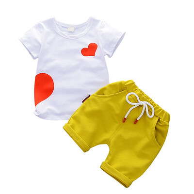 

Summer Kids Baby Set Boys Girls Printed Heart White T-Shirt Solid Shorts Girls Two Piece Set Suits Childrens Clothing