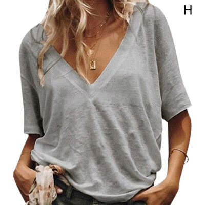 

2019 Women Summer tshirt Concise Casual tee shirt femme All-match Solid Color Loose Short Sleeve V-collar T-shirts