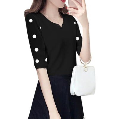 

2019 Plus Size Blouse Womens Korean Style Dot Print V-Neck Shirt Lace Short Sleeve Chiffon Pullover Blouse mujer de moda blusa