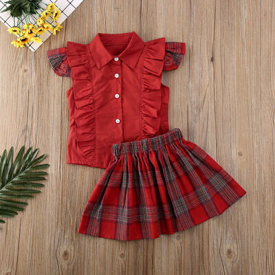 

Christmas Toddler Baby Girl Ruffle Tops T-ShirtPlaid Tutu Skirt Dress Outfit