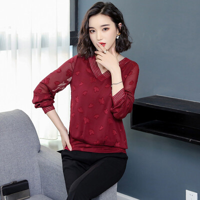 

Korean new fashion Slim long-sleeved female chiffon women blouse casual loose tops solid women shirt V Neck