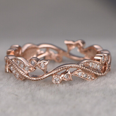 

Women Solid 18K Rose Gold Floral Ring Diamond Flower Lucky Vine Leaf Cocktail Jewelry Proposal Gift Rings