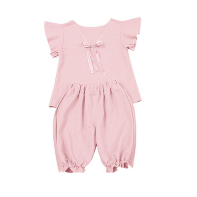 

Summer Children Girls Casual Summer Bow Flare Sleeve T-shirtShorts Suits 2Pcs Fashion Costume Set Yellow Pink Red