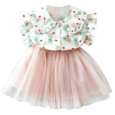 

New Kids Baby Girls Flare Sleeve Pineapple Print Cotton Shirt Top Tulle Short Skirt Princess Set
