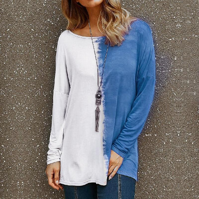 

Fashion Women Oversized Backless T-shirt Blouse Splicing Print Long Sleeves Loose Tees Casual Tops